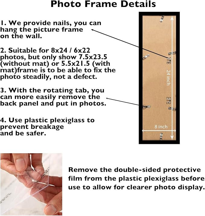 8x24 Picture Frame Set of 2 with 6x22 Mat, Panoramic Picture Frame Display Photo 6x22 with Mat or 8 x 24 Without Mat, Wall Hanging Large 8 by 24 Poster Frame with Plexiglass, 2 Pack, Black
