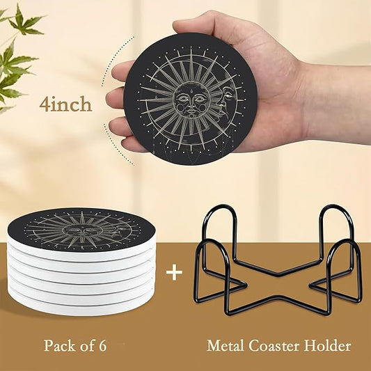 6-Pack Moon Phase Coasters Set with Holder - Absorbent Ceramic Drink Pads, Non-Slip Table Protectors for Coffee & Glasses