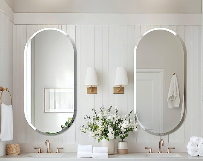 Frameless Oblong Wall Mirror: Decorative Oval Mirrored Glass Vanity with Beveled Silver Edge for Bathroom Bedroom Livingroom Dining Room Entryway Hallway, 50 x 24 inch