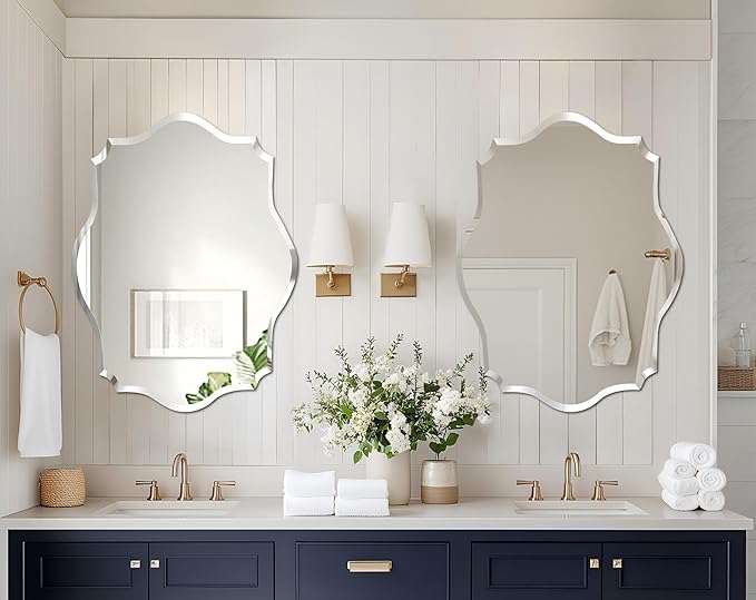 Frameless Scalloped Wall Mirror: Decorative Scallop Oval Mirrored Glass Vanity with Beveled Silver Edge for Bathroom Bedroom Livingroom Dining Room Entryway Hallway, 28 x 20 inch