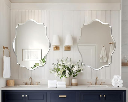 Frameless Scalloped Wall Mirror: Decorative Scallop Oval Mirrored Glass Vanity with Beveled Silver Edge for Bathroom Bedroom Livingroom Dining Room Entryway Hallway, 28 x 20 inch