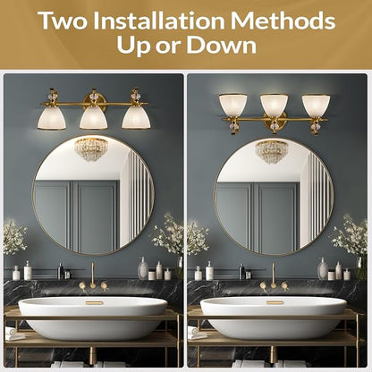 ANDY STAR Bathroom Light Fixture, 3-light Brass Vanity Light, Vintage Bathroom Lights Over Mirror with Crystal Beads, Wall Sconce Lighting with Frosted Milky Glass Shade, E26 Base (Bulbs Not Included)
