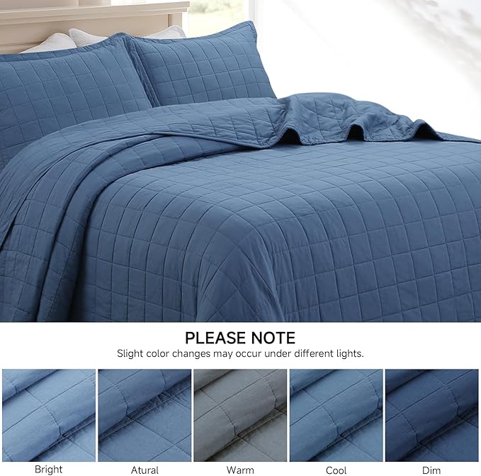 Quilt King Size Bedding Sets - 100% Cotton Lightweight Luxury Comforter Set, Oversized Stitching Quilted Bedspread Coverlet Sets with 2 Pillowcase Suitable for All Season, Blue