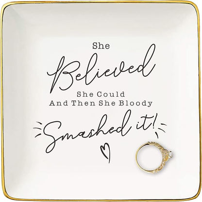 NZY Inspirational Quotes Gift-Christmas Gift-Congratulation Affirmation Reminder Present-Positive Motivational Encouragement Present,She Believed She Could-Jewelry Tray Trinket Holder Ring Dish