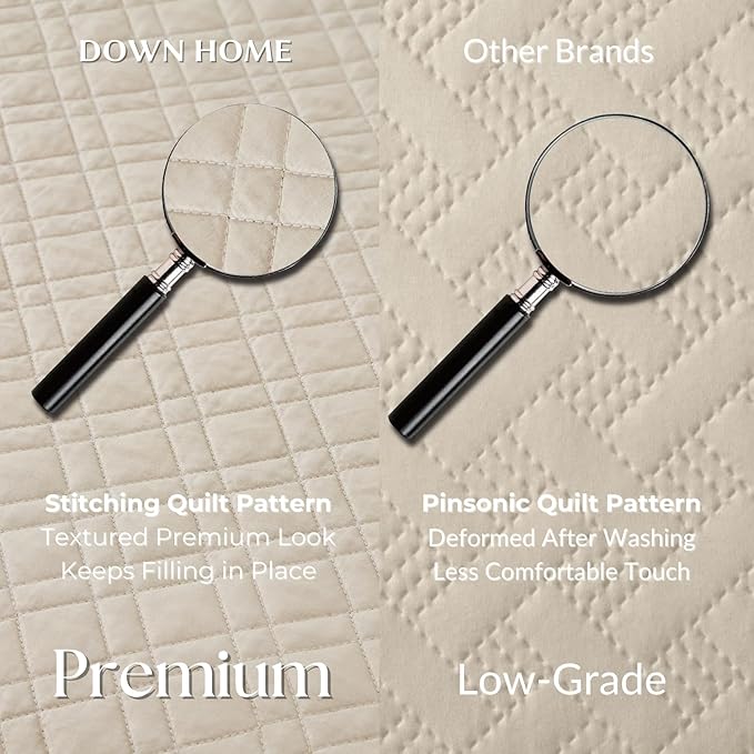 DOWN HOME Twin Quilt Set with Sham Lightweight Quilted Bedspread Coverlet Thin Comforter Bed Cover Vintage Washed Quilted Blanket for All Season, Brushed Microfiber Diamond Stitching, Beige, 66"x92"