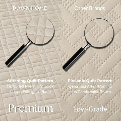 DOWN HOME Twin Quilt Set with Sham Lightweight Quilted Bedspread Coverlet Thin Comforter Bed Cover Vintage Washed Quilted Blanket for All Season, Brushed Microfiber Diamond Stitching, Beige, 66"x92"