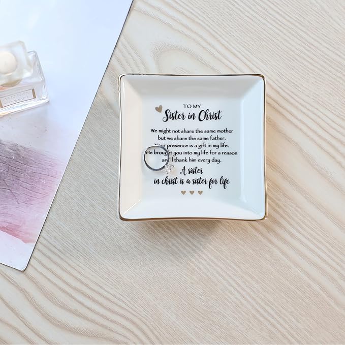 Sister in Christ for Women Christmas Birthday Ring jewelry Dish-Christian Religious Faith Gifts for Friends Bestie Friendship-A Sister in Christ is Sister in life