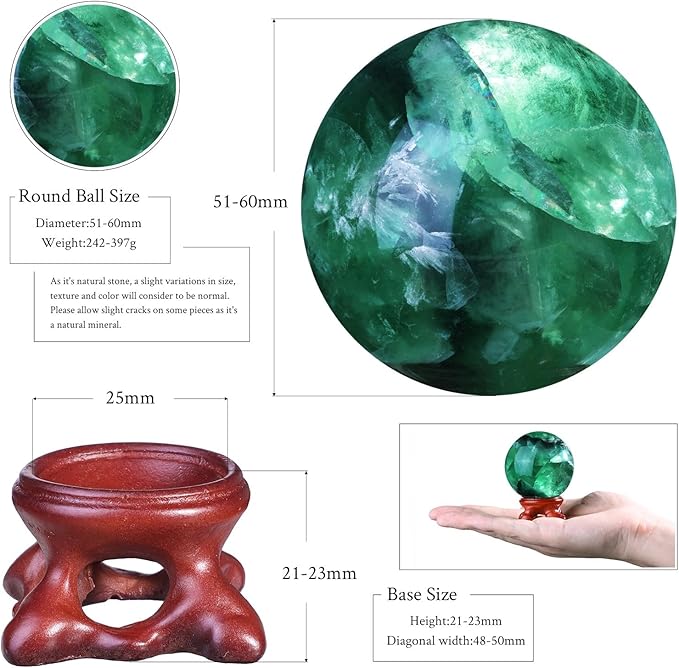 moonsix Natural Fluorite Crystal Sphere with Resin Stand Healing Energy Stone Decorative Ball Sculpture for Home Office Tabletop, 51-60 mm
