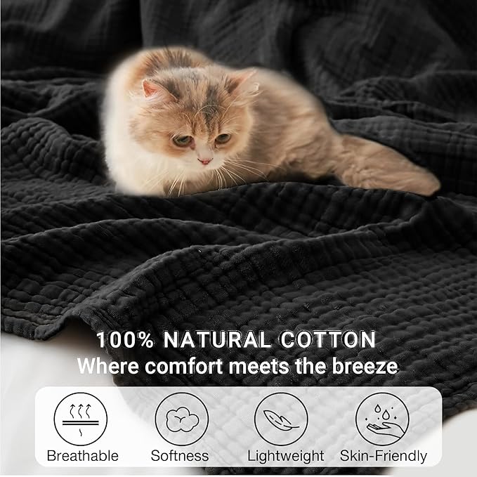 100% Cotton Muslin Blanket King 108" x 90", 6 Layers Breathable and Lightweight Cotton Throw Blankets for Bed, Soft Cooling Summer Gauze Blanket for Adults All Season, Black