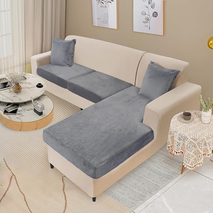 NAISI Sectional Couch Cover 3 Pieces Velvet Separate Couch Cushion Covers L Shape Soft Stretch Sofa Slipcovers with 2pcs Pillowcases for Left/Right Chaise Sectional Couch(2 Seater+1 Chaise,Dark Grey)