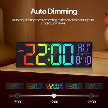 JALL 16.2" Large Digital Wall Clock with Seconds, Bluetooth Sync, Alarm Big LED, RGB Color, DST Temperature for Classroom Bedroom Garage Gym, Mount, Xmas, Birthday Gift for Aged Elderly Mother Father