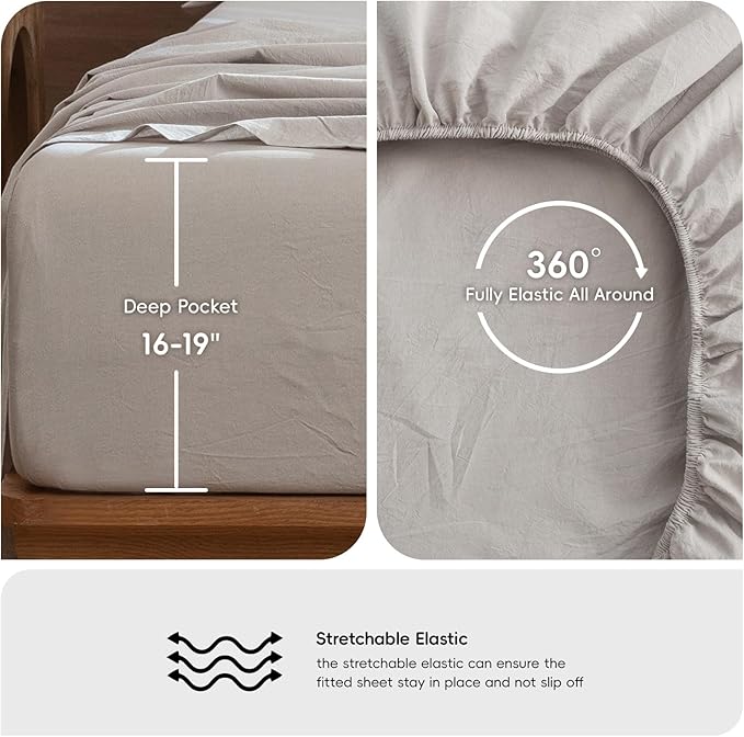 MooMee Bedding Sheet Set 100% Washed Cotton Linen Like Textured Breathable Durable Soft Comfy (Solid Light Tan, Queen)