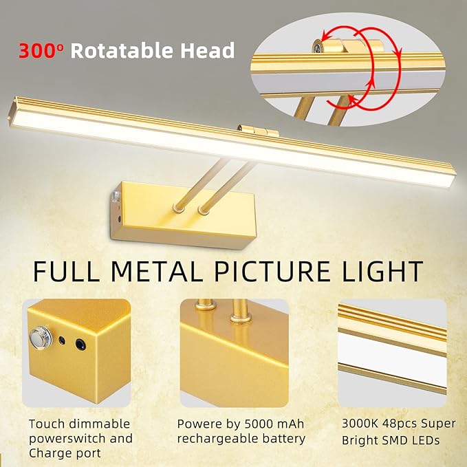 FUNCHDAY Picture Light,Battery Operated Picture Light for Wall,Wireless Remote Painting Light with Timer and Dimmable,16”Metal Art Light for Display,Wall,Artwork,Portrait,Gallery Gold-6000K