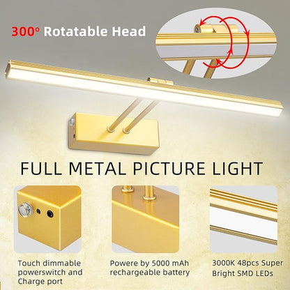 FUNCHDAY Picture Light,Battery Operated Picture Light for Wall,Wireless Remote Painting Light with Timer and Dimmable,16”Metal Art Light for Display,Wall,Artwork,Portrait,Gallery Gold-6000K
