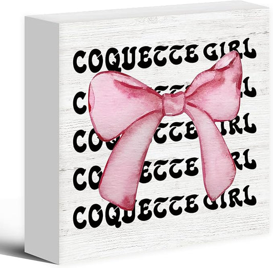 Coquette Room Decor Wood Box Sign Desk Decor, Pink Trendy Bow Decor, Preppy Aesthetic Girly Wooden Block Sign Decorations for Girl College Dorm Bedroom Wall Tabletop Shelf Decor