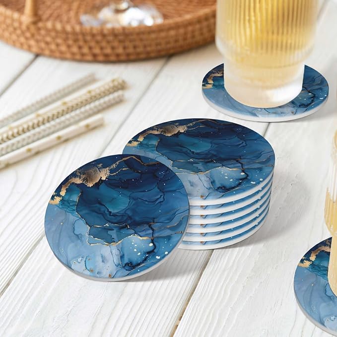 6 Pcs Ceramic Coasters with Holder Absorbent Drink Round Navy Blue Gold Marble Agate Style Design for Home Table Coffee Cup Wine Beer Bar,Size 4.4 inches