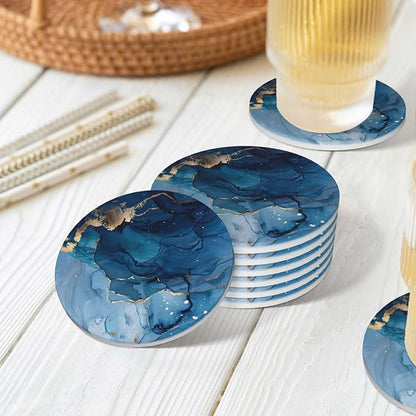 6 Pcs Ceramic Coasters with Holder Absorbent Drink Round Navy Blue Gold Marble Agate Style Design for Home Table Coffee Cup Wine Beer Bar,Size 4.4 inches