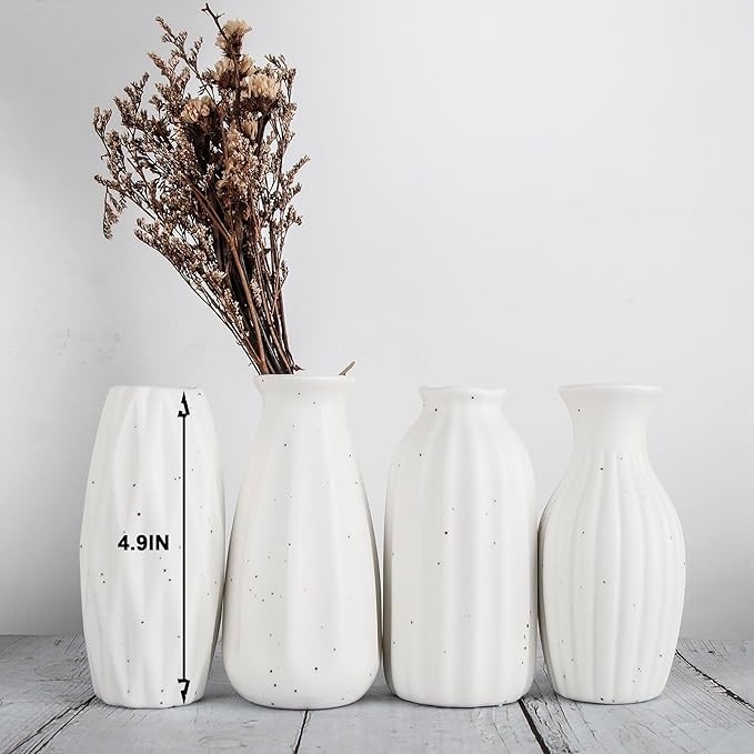 Set of 4 Small White Ceramic Vases Table Flower Vase Modern Decorative Vases for Pampas Grass, Small Vase for Home Living Room Dining Table Farmhouse Office Decor-4.9inch High