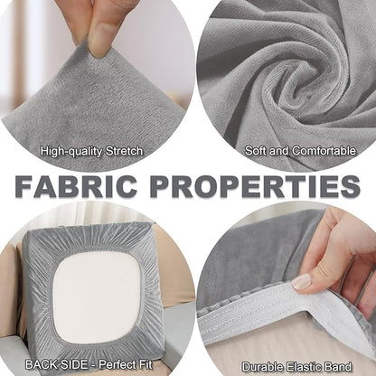 Couch Cushion Cover Velvet 3 Pieces Seat Cushion Cover Stretch Sofa Covers Separate Sectional Sofa Slipcovers Furniture Protector (3-Seater or Backrest, Light Grey)