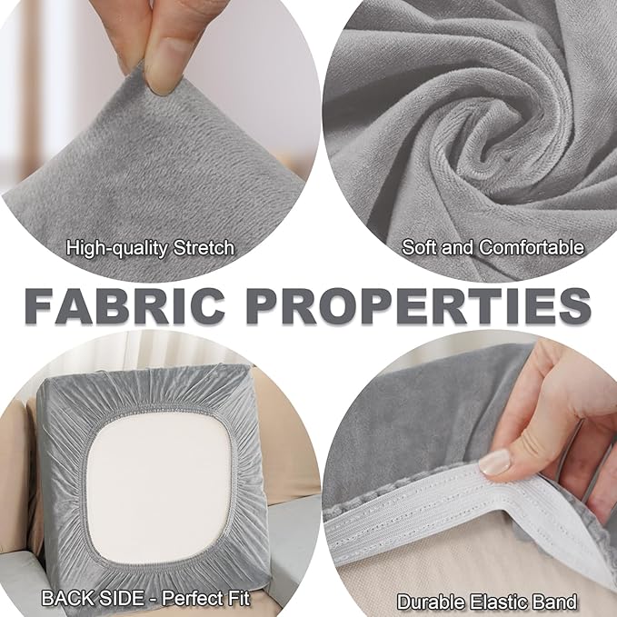 Couch Cushion Cover Velvet 1 Piece Seat Cushion Cover Stretch Armchair Cover Separate Sectional Sofa Slipcovers Furniture Protector (1-Seater or Sofa Backrest, Light Grey)