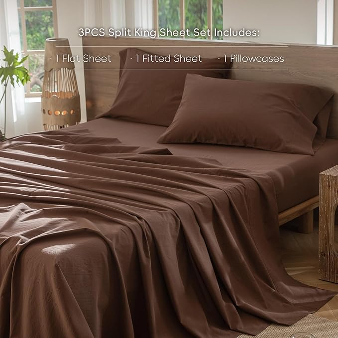MooMee Bedding Sheet Set 100% Washed Cotton Linen Like Textured Breathable Durable Soft Comfy (Solid Cocoa Brown, California King)