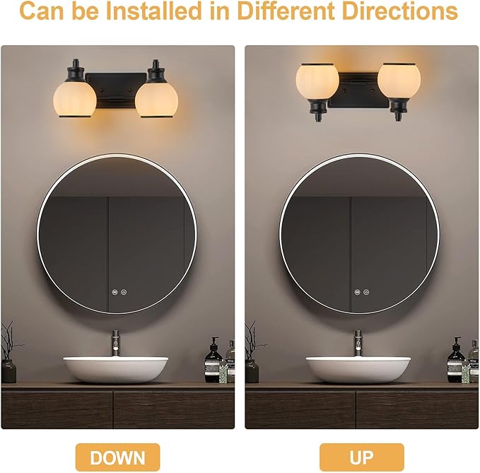2 Light Modern Bathroom Light Fixtures Over Mirror (LED Bulbs Included), Black Vanity Lights for Bathroom Wall Sconces with Milky White Globe Glass Shades