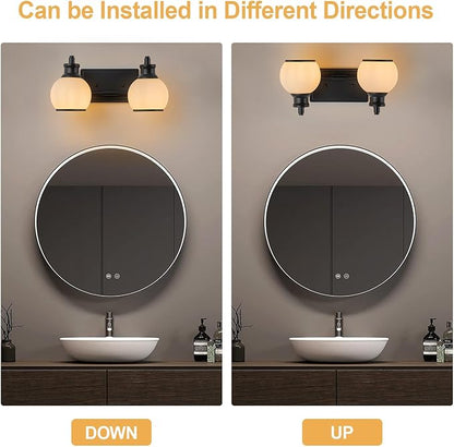 2 Light Modern Bathroom Light Fixtures Over Mirror (LED Bulbs Included), Black Vanity Lights for Bathroom Wall Sconces with Milky White Globe Glass Shades
