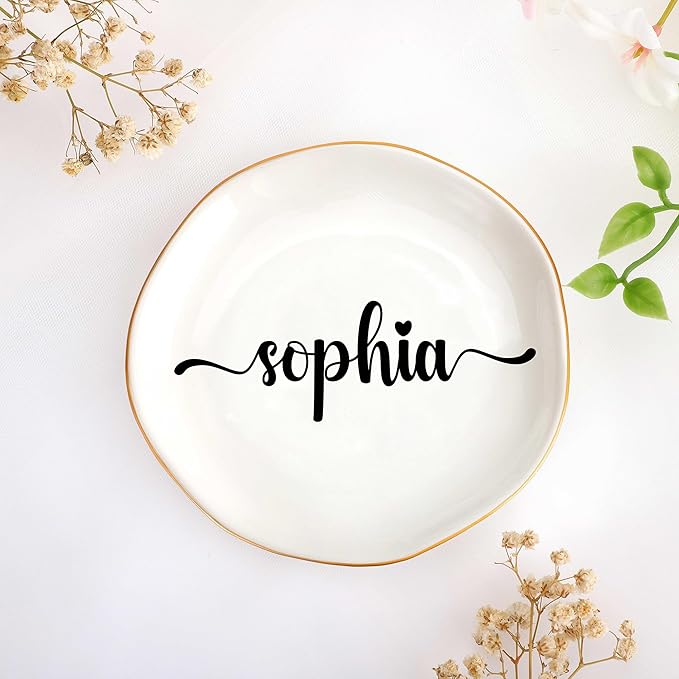 JoycuFF Sophia Personalized Name Ceramic Jewelry Tray, Mothers Day Christmas Anniversary Engagement Birthday Gifts for Women Couples, Trinket Dish for Rings Earrings Necklaces Bracelets Keys