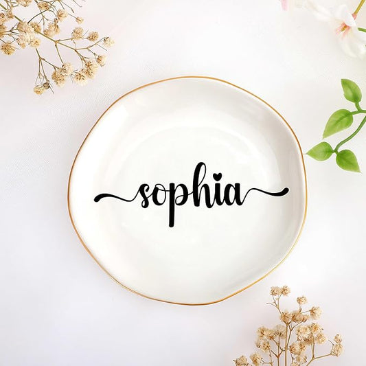 JoycuFF Sophia Personalized Name Ceramic Jewelry Tray, Mothers Day Christmas Anniversary Engagement Birthday Gifts for Women Couples, Trinket Dish for Rings Earrings Necklaces Bracelets Keys