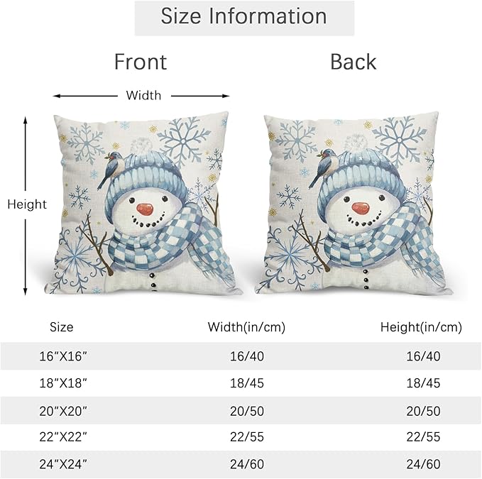 Christmas Pillow Covers 24x24 Set of 2 Blue Snowman Throw Pillow Covers Winter Pillowcase Linen Decoration Farmhouse Bird Cozy Soft Cushion Case Couch for Indoor Outdoor Home Decor