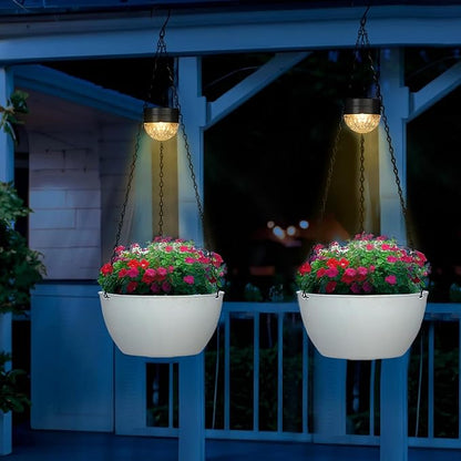 SUNNYPARK 2 Packs Hanging Planters Basket for Outdoor Plants, Solar Powered Self Watering White Round Plastic Flower Pots with Drainer for Balcony Patio Garden Outdoor Decoration