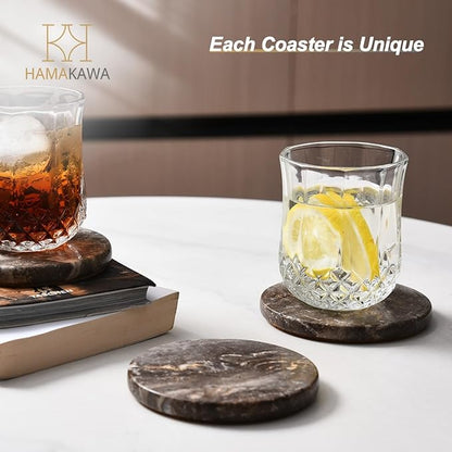 Natural Travertine Marble Coasters Set of 4, Round Gray Stone 4 Inch, Modern Drink Coasters for Home Decor, Coffee Table, Office