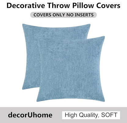 decorUhome Chenille Grey Blue Throw Pillow Covers 16x16 Inch Set of 2, Decorative Soft Couch Pillow Covers Solid Dyed Accent Farmhouse Neutral Square Pillow Cases for Sofa Bed Living Room