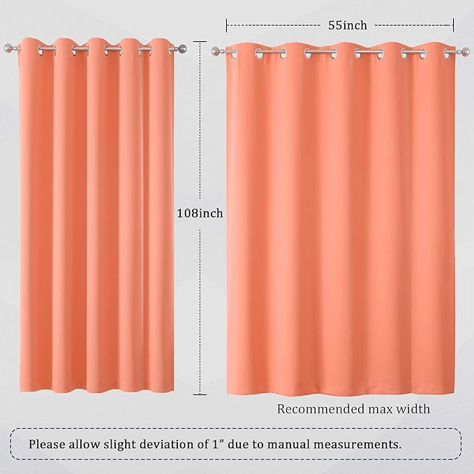 DUALIFE Extra Long 108 Inch Blackout Curtains Solid Grommet Thermal Insulated Room Darkening Winow Treatment Large Window Drapes 60 by 108 Inch Long 2 Panels Burnt Coral