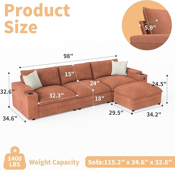 115" L Shaped Cloud Sofa Couch with Ottoman, Storage Armrest, Cup Holders, USB & Type-C Ports, Spring Cushions, Solid Wood Frame, Chenille Modular Sectional for Living Room (Coffee-L-115.2")