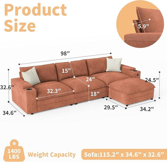 115" L Shaped Cloud Sofa Couch with Ottoman, Storage Armrest, Cup Holders, USB & Type-C Ports, Spring Cushions, Solid Wood Frame, Chenille Modular Sectional for Living Room (Coffee-L-115.2")