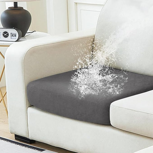 NAISI Waterproof Couch Cushion Covers Thick Velvet Fabric Washable Sofa Slipcovers 1 Piece Individual Sectional Couch Covers with Elastic Bottom(1 PC for Seat Cushion or Backrest,Grey)