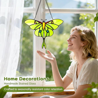 Luna Moth Sun Catcher Stained Glass Window Hanging IDEA SHOW 7.3Inch Handmade Real Glass Suncatcher Ornaments, Elegant Green Butterfly Memorial Gifts for Women, Mom, Grandma