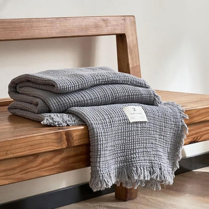 MorroMorn 100% Cotton Queen Size Bed Blanket 80"x90" Muslin Blanket with Fringes, 4-Layer Gauze Blankets for Adult, Boho Bedding Breathable Lightweight Ultra-Soft for All Seasons, Grey