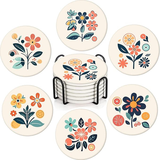 Boho Set of 6 Coasters for Drinks Absorbing Round Ceramic Stone Coaster with Cork Base,Tabletop Protection Mat for Mugs and Cups,Office,Kitchen (Boho Flower)