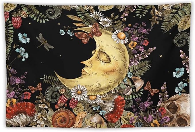 Boho Moon Tapestry Wall Hanging,Vintage Sun and Moon Skull Hippie Mushroom Floral Plant Tapestries for Dorm Living Room Bedroom Decor(40"x60")