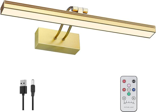 FUNCHDAY Picture Light,Battery Operated Art Lights for Wall,Wireless Remote Painting Light with Timer and Dimmable,16”Metal Display Lighting for Artwork,Portrait,Gallery-Gold-L