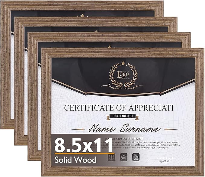 KINLINK 8.5x11 Picture Frame Brown Wood, Solid Wood Diploma Frames with Acrylic Plexiglass for Pictures, Certificate Degree Document Frame Tabletop and Wall Mounting Display, 4 Pack
