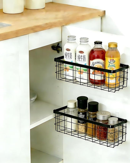 Hanging Wire Storage Baskets, Metal Wall Organizer, Adhesive Wall Storage Shelves for Kitchen, Bathroom Pantry (Spice Rack, Cabinet Organizer, Shower Caddy) Black-2 Packs
