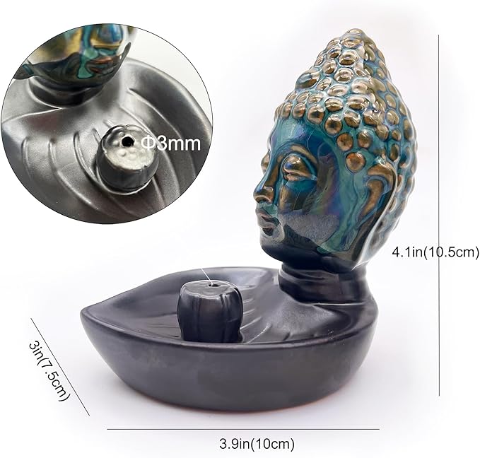 Buddha Head Incense Holder for Sticks, Small Ceramic Incense Burner Healing, Meditaiong, Zen, Timer of Spa or Yoga, with Ash Catcher (Blue)