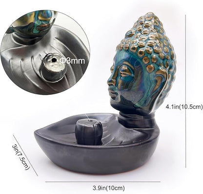 Buddha Head Incense Holder for Sticks, Small Ceramic Incense Burner Healing, Meditaiong, Zen, Timer of Spa or Yoga, with Ash Catcher (Blue)