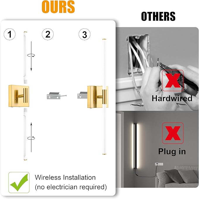 30 Inch White Gold Battery Operated Wall Sconces Set of 2, Dimmable Battery Wall Sconce with Remote Control, LED Rechargeable Sconces, Modern Wireless Wall Lights for Bedroom, Living Room