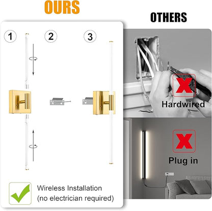 30 Inch White Gold Battery Operated Wall Sconces Set of 2, Dimmable Battery Wall Sconce with Remote Control, LED Rechargeable Sconces, Modern Wireless Wall Lights for Bedroom, Living Room