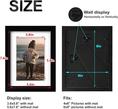 KINLINK 6x8 Picture Frame Black, Solid Wood Frames with Acrylic Plexiglass for Pictures 4x6 with Mat or 6x8 without Mat, Tabletop and Wall Display Photo Frame, Set of 4