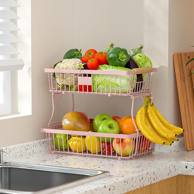 2 Tier Fruit Basket for Kitchen Counter with 2 Banana Hangers, Countertop Metal Fruit Bowl with Wooden Handle, Large Storage Stand for Vegetables, Snacks, Breads, Produce Storage – Pink